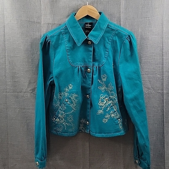 Baby Phat girlz 90s Inspired Graphic Logo Embroidered button Teal jean jacket XL - Picture 2 of 7